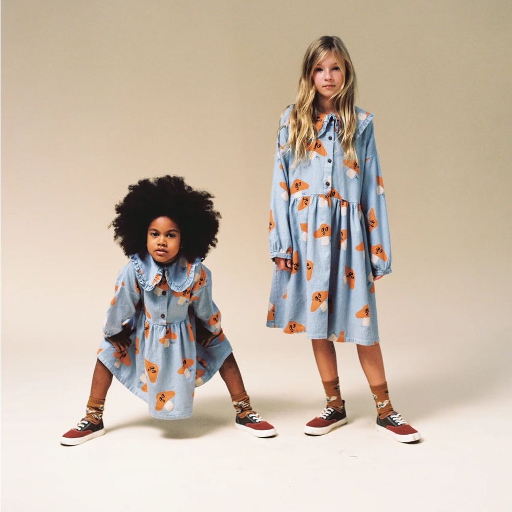 Bobo Choses Blue Dress with Orange Mushroom Print